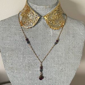 ✂️ Gold tone, lariat style necklace, purple and blue/green accents, 16” chain